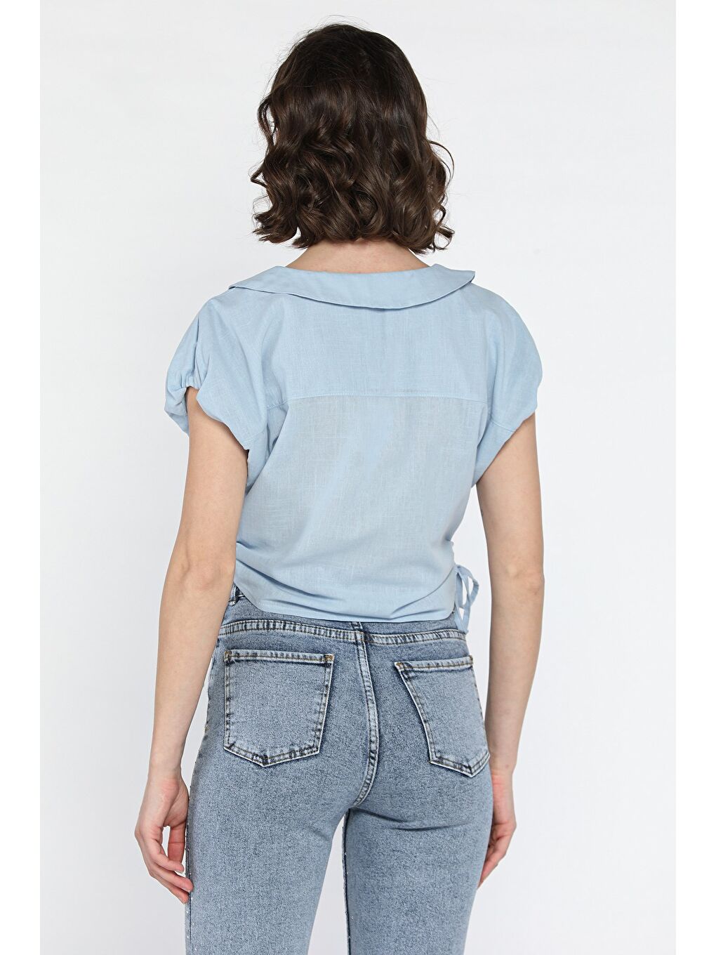 Mavi Kol Lastikli Yan Bağcıklı Kadın Gömlek-2