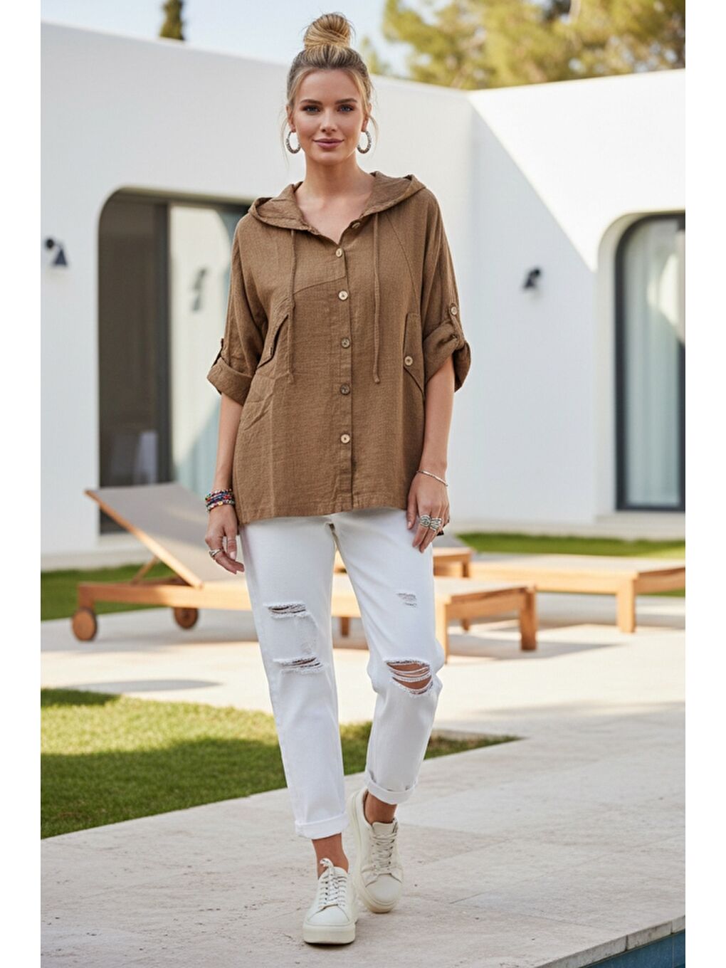 Kahverengi Kapüşonlu Düğmeli 3/4 Kol Cepli Casual Keten Görünümlü Dokuma Ceket 65 65-3
