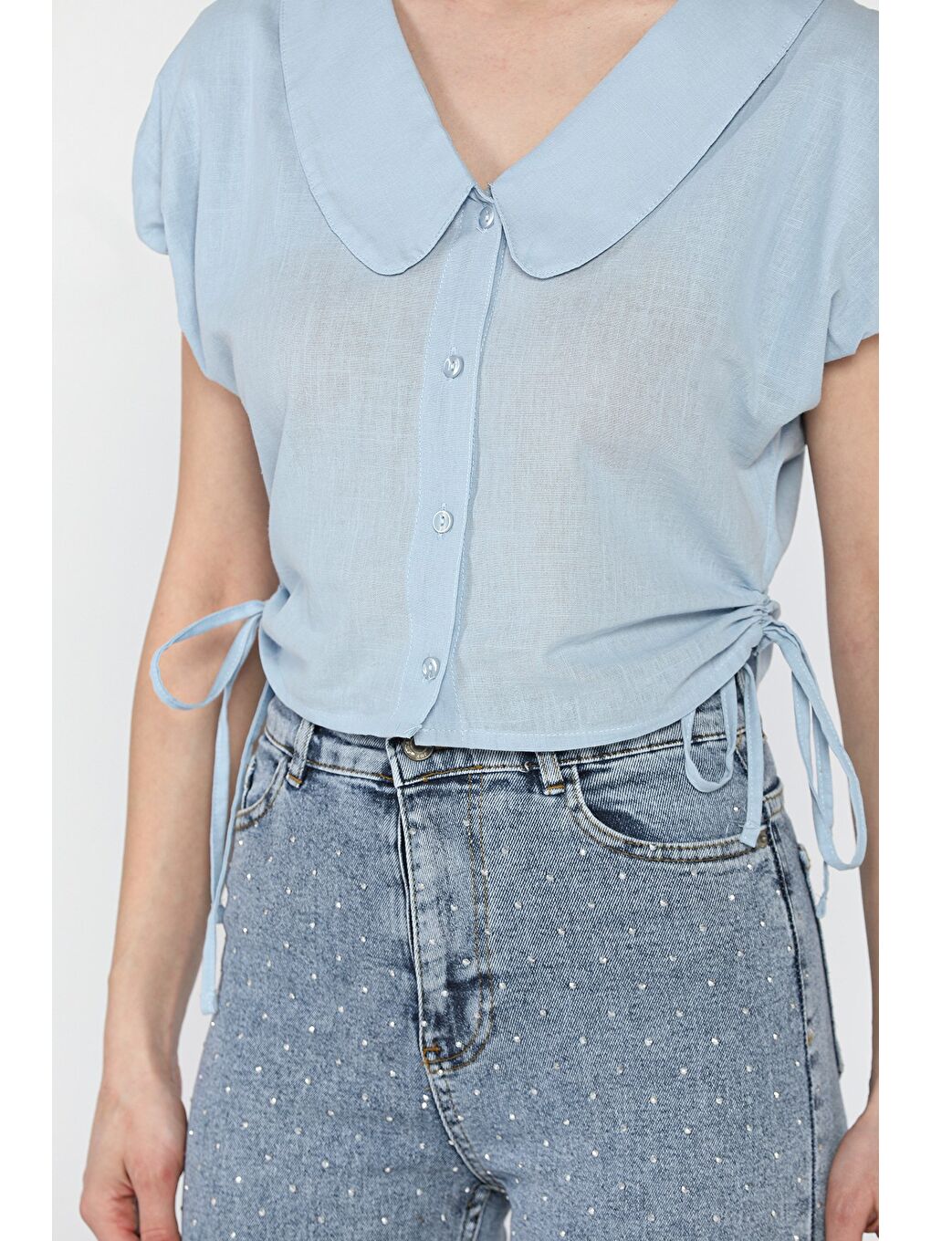 Mavi Kol Lastikli Yan Bağcıklı Kadın Gömlek-3