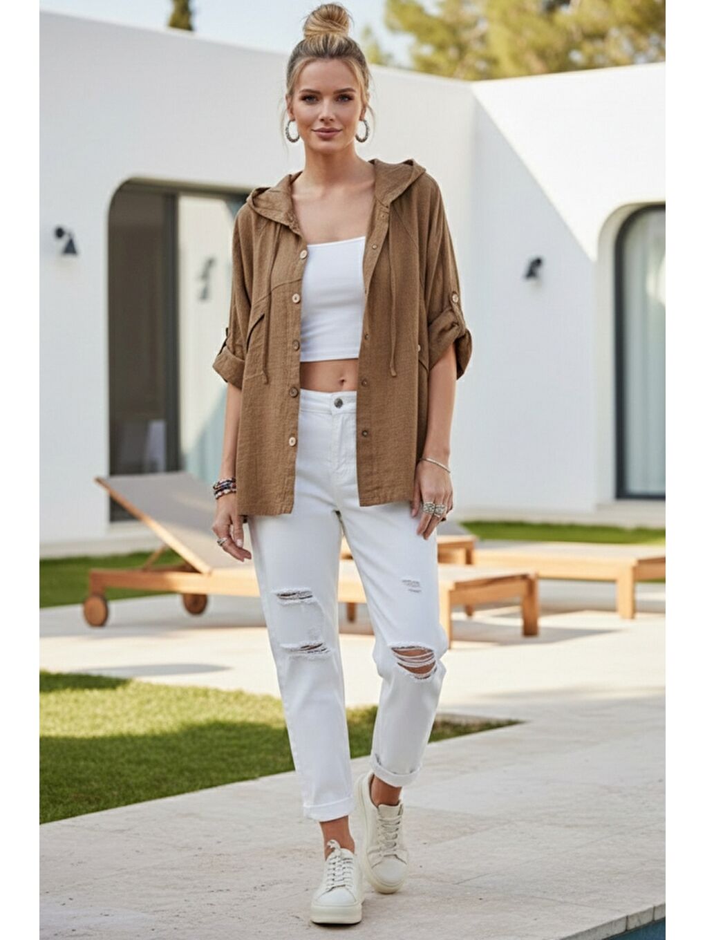 Kahverengi Kapüşonlu Düğmeli 3/4 Kol Cepli Casual Keten Görünümlü Dokuma Ceket 65 65-4