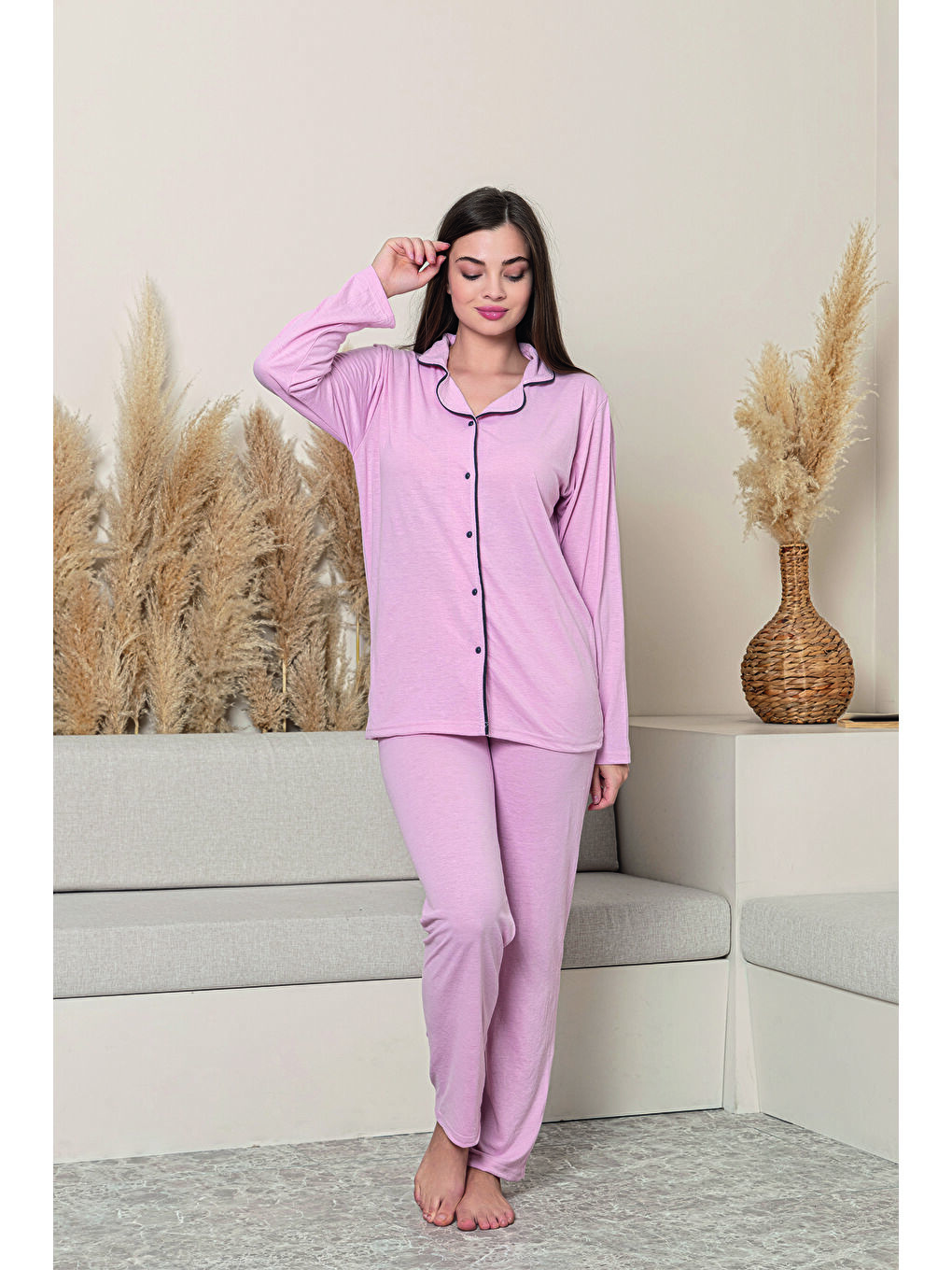 Pembe Kadın %100 Organik Pamuk Doğal Gömlek Yaka Düğmeli Uzun Kollu Biyeli Pijama Takımı-2