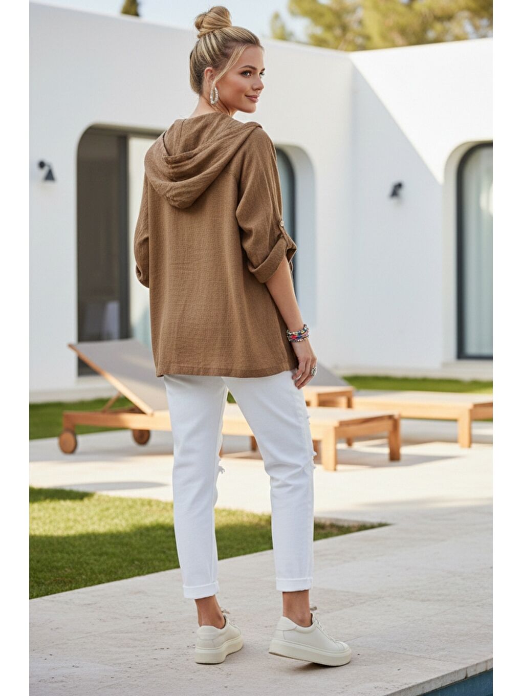 Kahverengi Kapüşonlu Düğmeli 3/4 Kol Cepli Casual Keten Görünümlü Dokuma Ceket 65 65-5