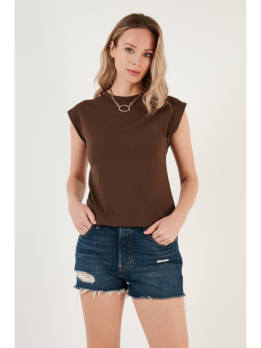 Kahverengi Bisiklet Yaka % 100 Pamuk Basic T Shirt 5864121-2