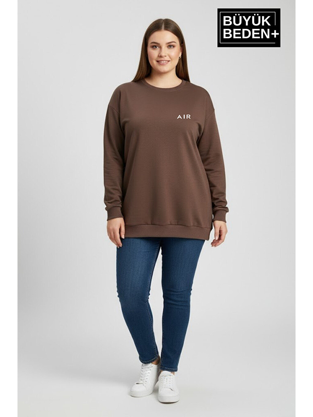 Kahverengi Kadın Büyük Beden Ar Baskılı Yaka Kollar Etek Ribana Bisilet Yaka İnce Sweatshirt Spr26bswk956-1