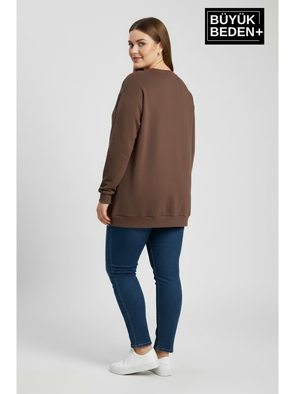 Kahverengi Kadın Büyük Beden Ar Baskılı Yaka Kollar Etek Ribana Bisilet Yaka İnce Sweatshirt Spr26bswk956-1-1