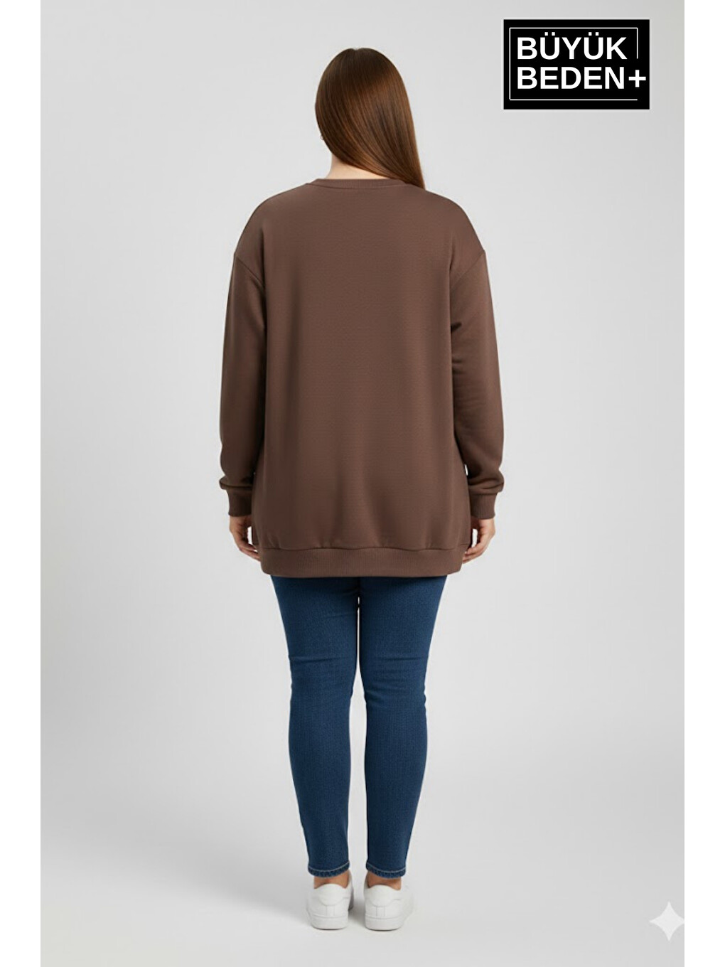 Kahverengi Kadın Büyük Beden Ar Baskılı Yaka Kollar Etek Ribana Bisilet Yaka İnce Sweatshirt Spr26bswk956-1-2