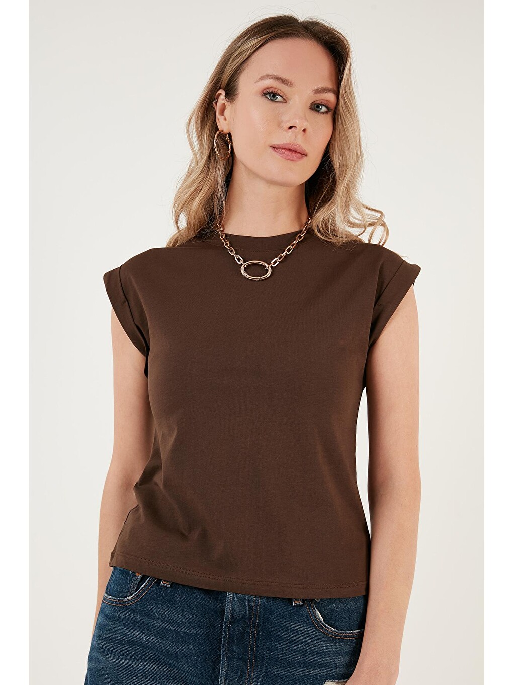 Kahverengi Bisiklet Yaka % 100 Pamuk Basic T Shirt 5864121-4