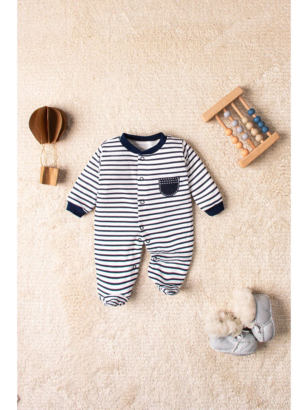 Beyaz Bebek 3'lü Tulum Set Kuzu İnek Desenli Set-3