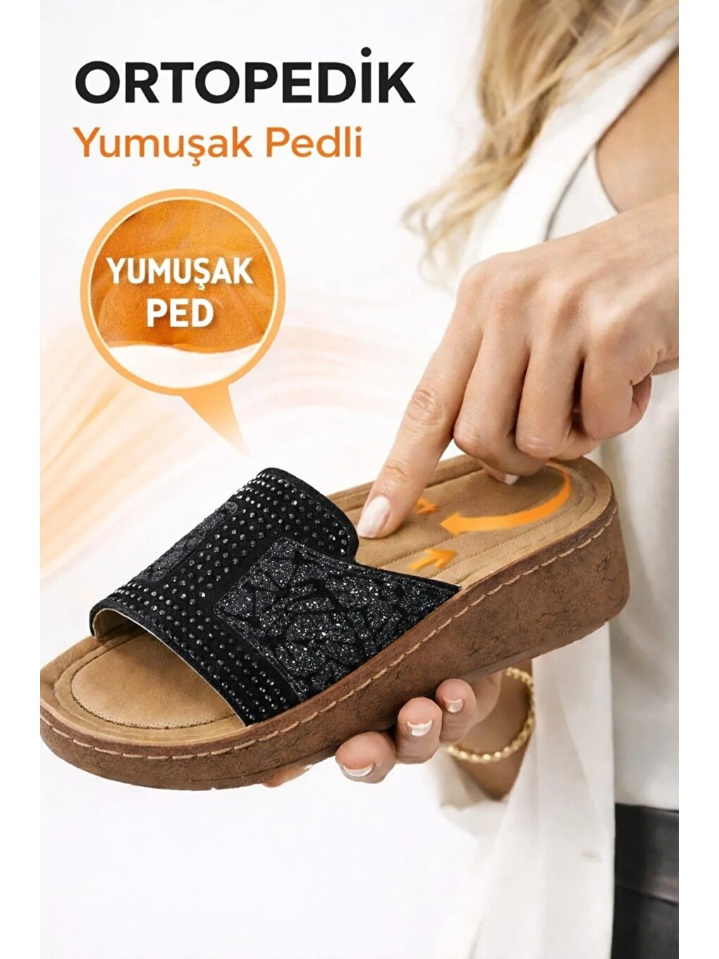 Siyah Taşlı Yumuşak Hafif Taban Önü Açık Günlük Anne Kadın Terlik-3