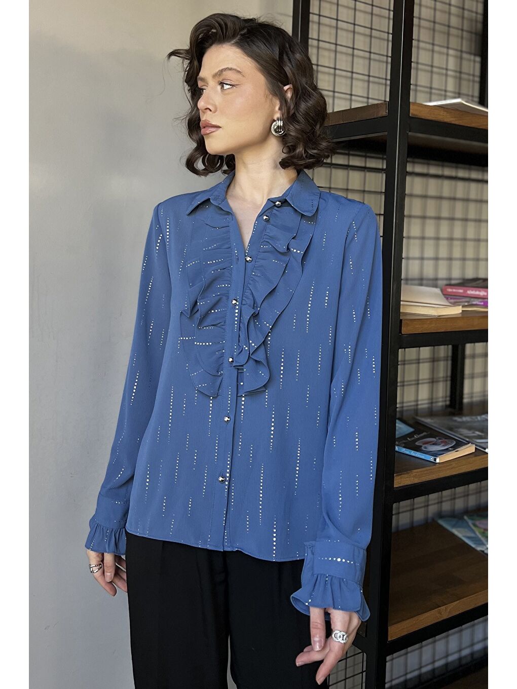 İndigo Kadın Volanlı İçlik Kombinli Gömlek-1