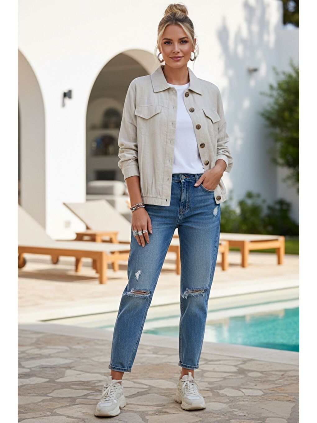 Bej Gömlek Yaka Manşetli Kollu Çift Kapaklı Cepli Casual Keten Görünümlü Dokuma Ceket 65 65-4