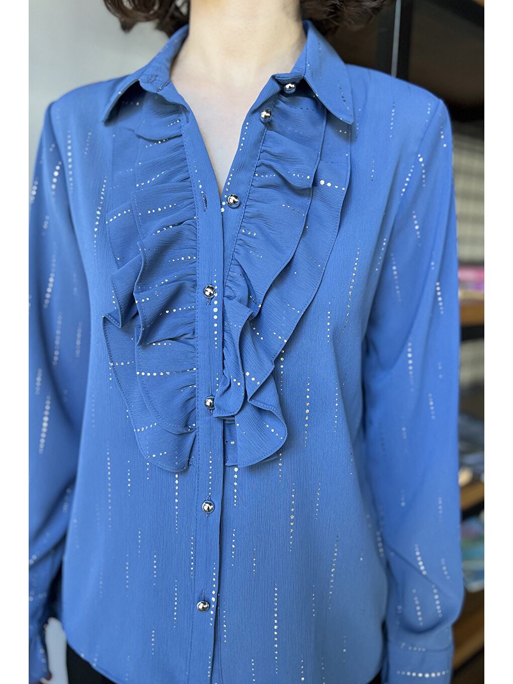 İndigo Kadın Volanlı İçlik Kombinli Gömlek-3