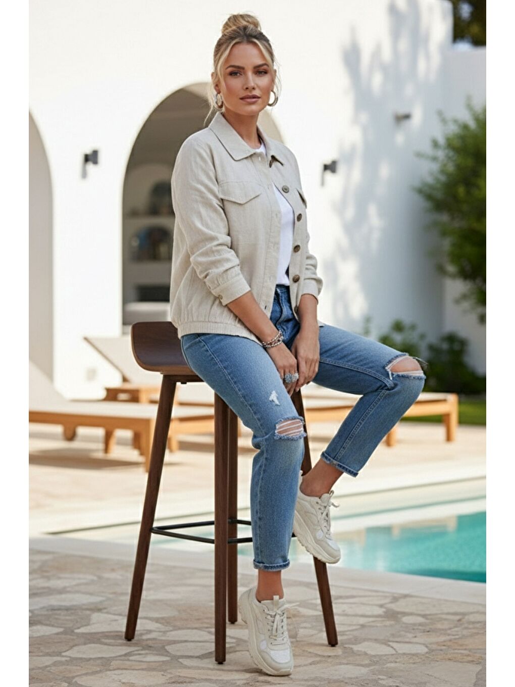 Bej Gömlek Yaka Manşetli Kollu Çift Kapaklı Cepli Casual Keten Görünümlü Dokuma Ceket 65 65-5