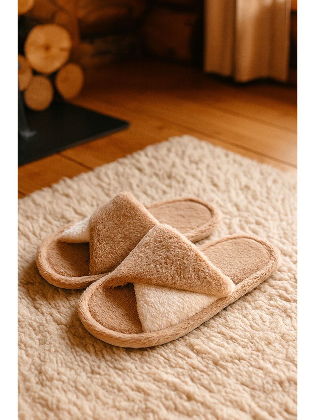 Bej SOFTIE Çapraz Kadın Ev Terliği Kışlık Terlik Sessiz Taban-2