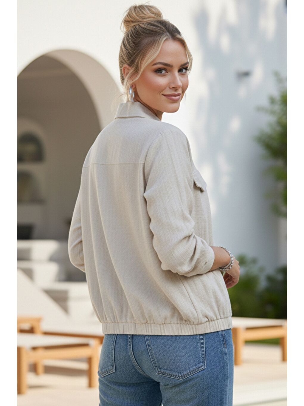 Bej Gömlek Yaka Manşetli Kollu Çift Kapaklı Cepli Casual Keten Görünümlü Dokuma Ceket 65 65-6