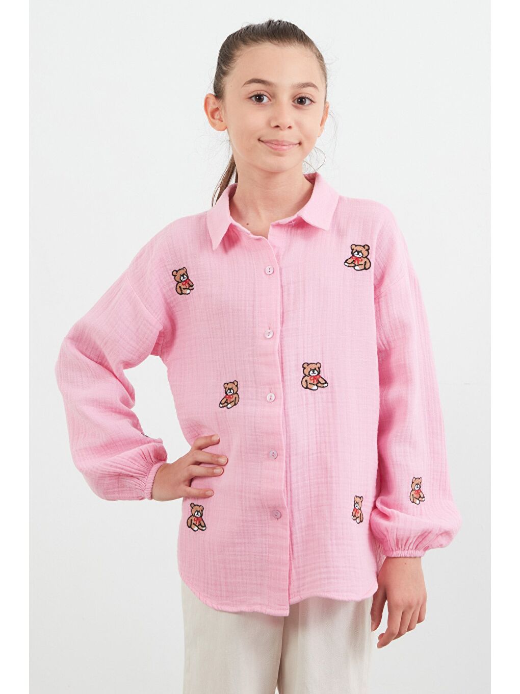 Pembe %100 Pamuk Ayıcık Nakışlı Kız Çocuk Gömlek-1