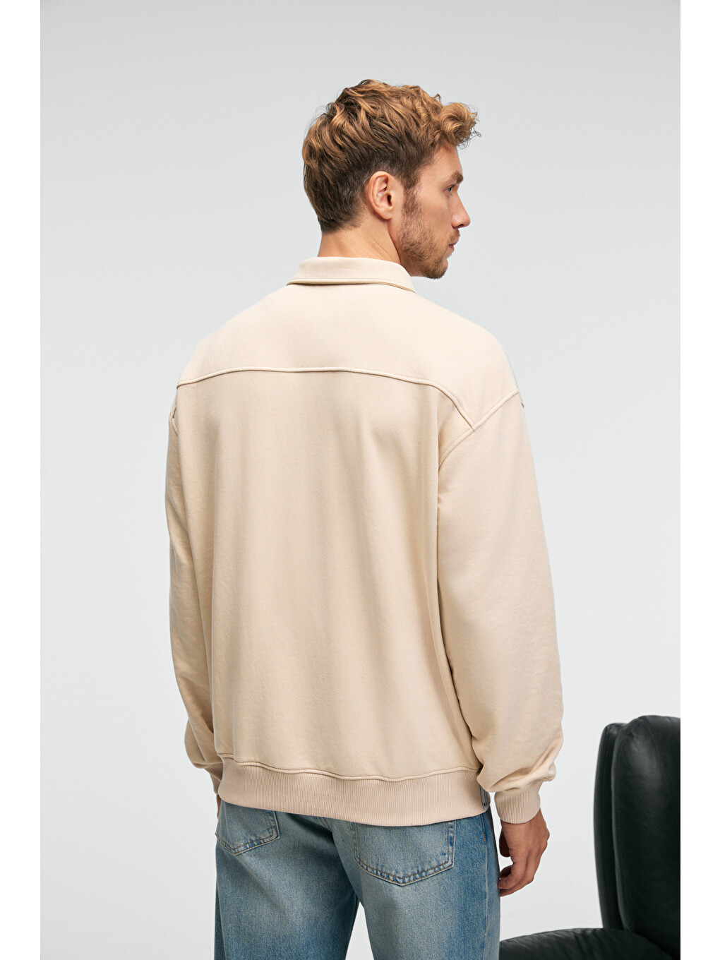 August Erkek %100 Pamuk Yarım Fermuarlı Yakalı Cepli Süs Etiketli Bej Sweatshirt-5