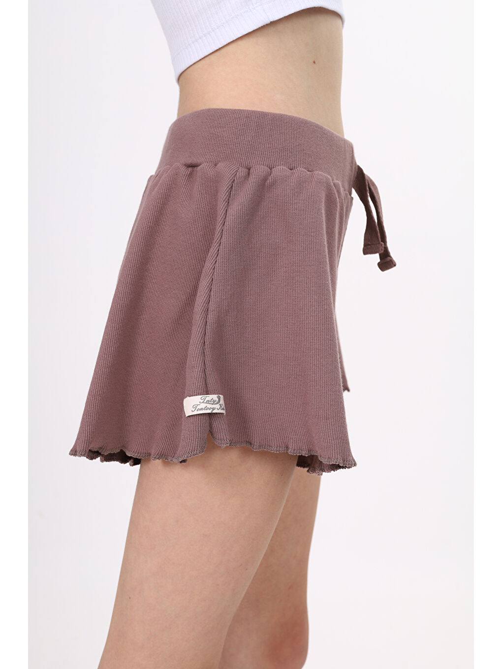 Kahverengi Kız Çocuk Fitilli Kumaş Şort-1