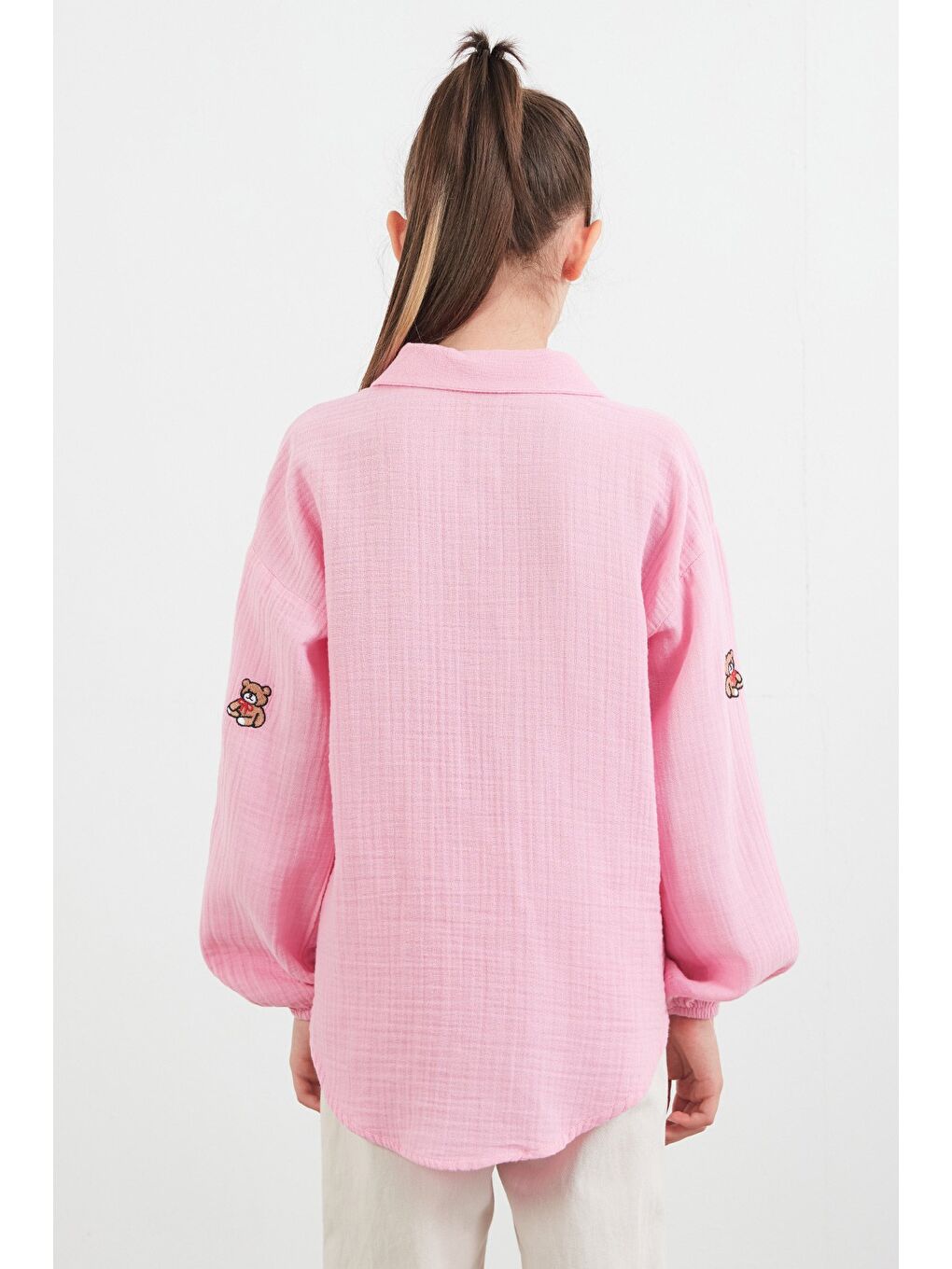 Pembe %100 Pamuk Ayıcık Nakışlı Kız Çocuk Gömlek-3