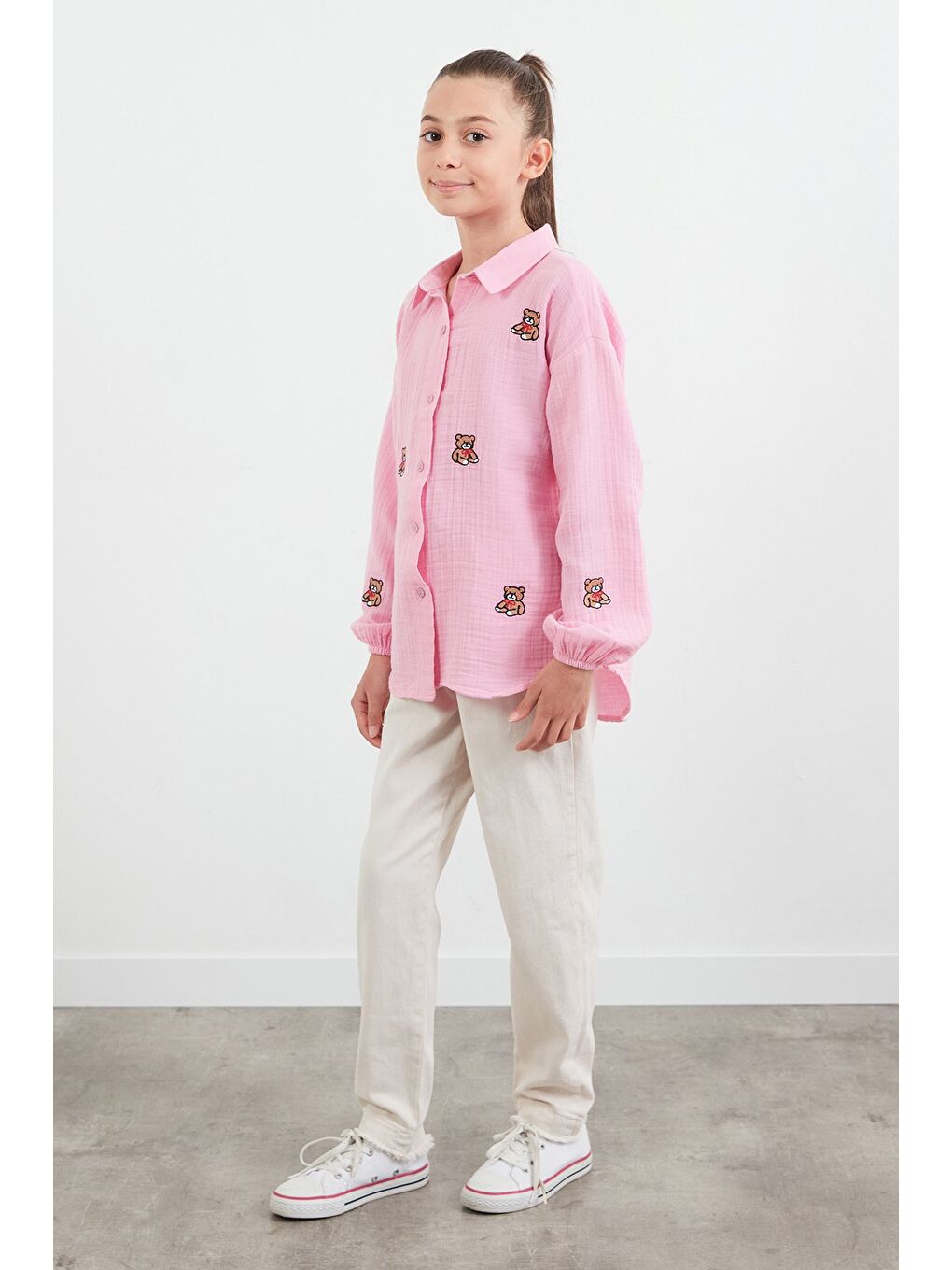 Pembe %100 Pamuk Ayıcık Nakışlı Kız Çocuk Gömlek-4