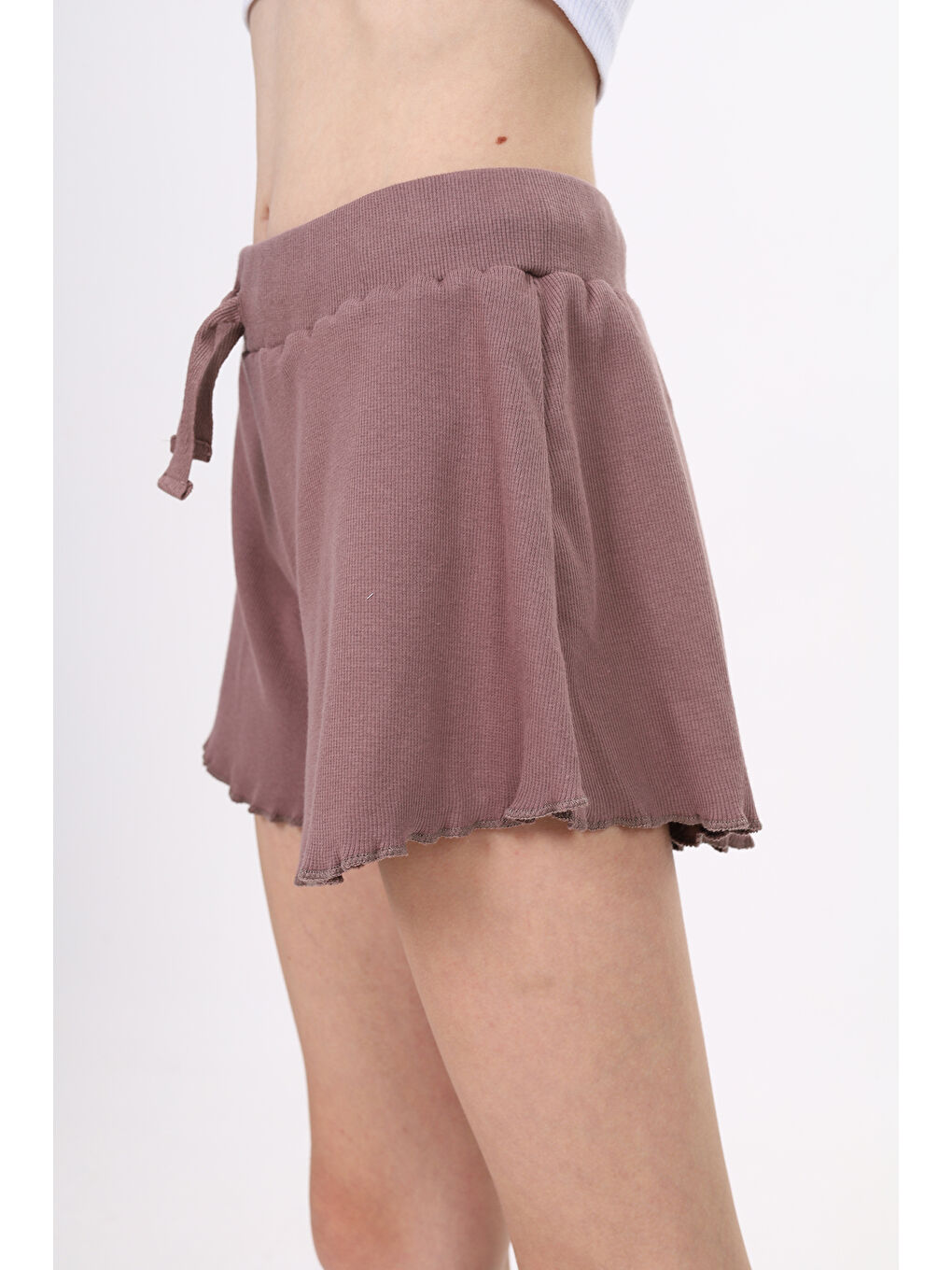 Kahverengi Kız Çocuk Fitilli Kumaş Şort-2