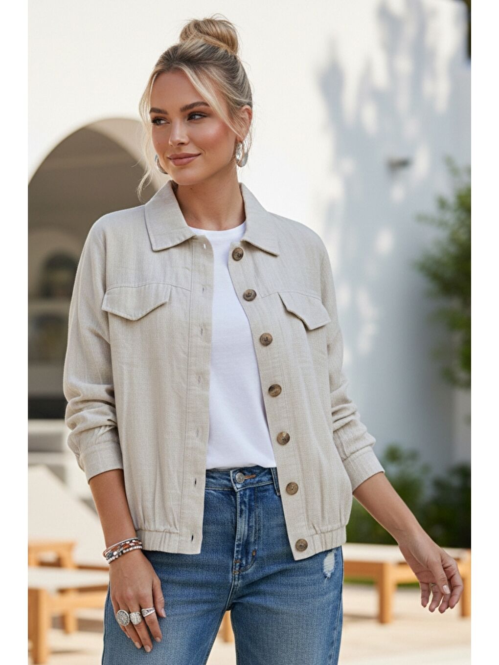 Bej Gömlek Yaka Manşetli Kollu Çift Kapaklı Cepli Casual Keten Görünümlü Dokuma Ceket 65 65
