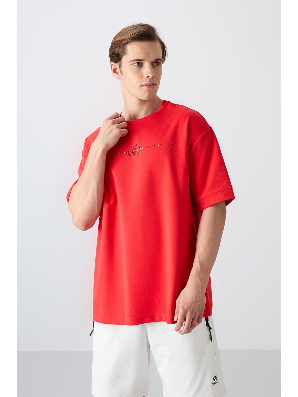 TOMMYLIFE Kırmızı Pamuklu Kalın Yumuşak Dokulu Oversize Fit Baskılı Erkek T-Shirt - 88323