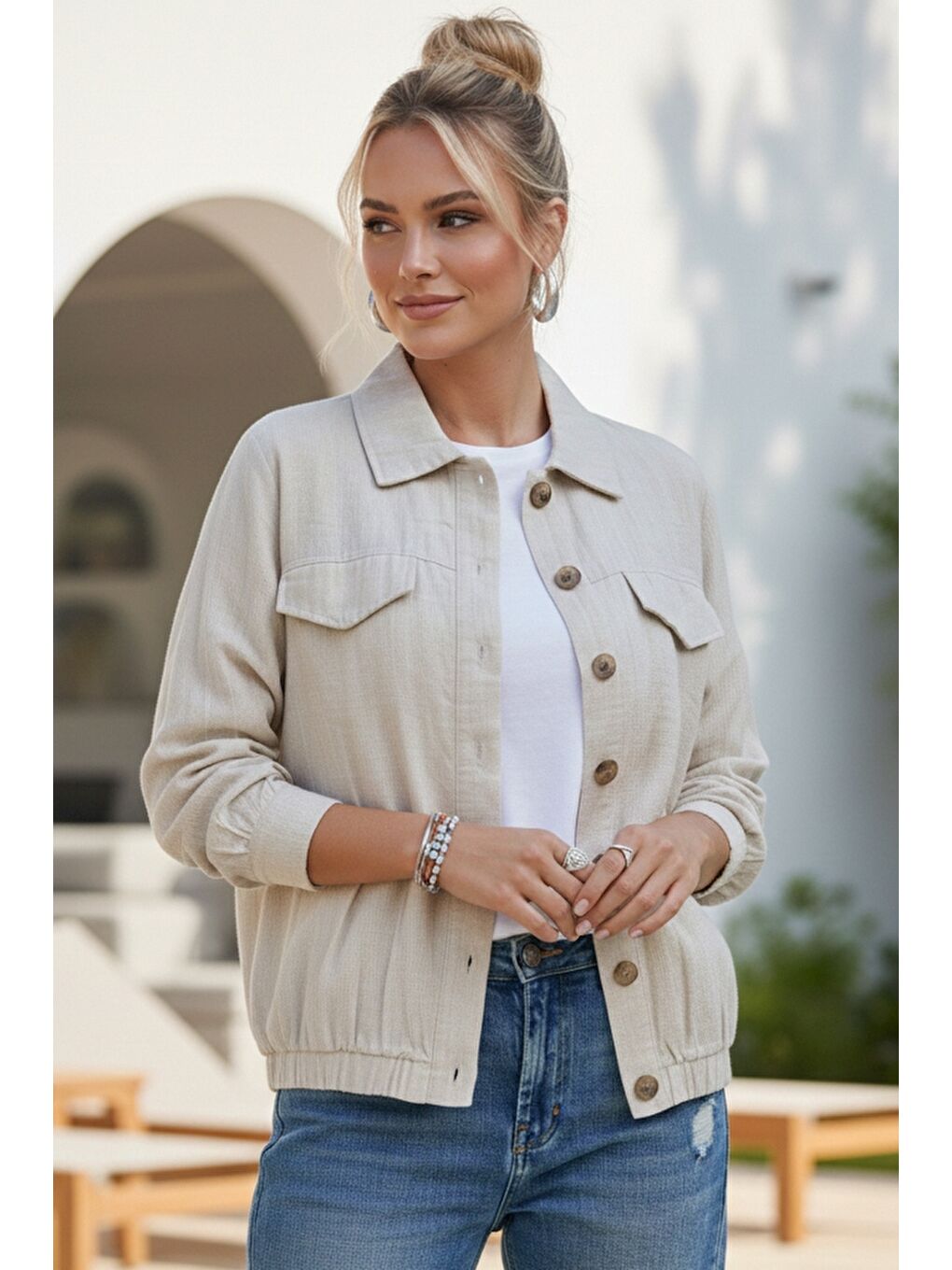Bej Gömlek Yaka Manşetli Kollu Çift Kapaklı Cepli Casual Keten Görünümlü Dokuma Ceket 65 65-1