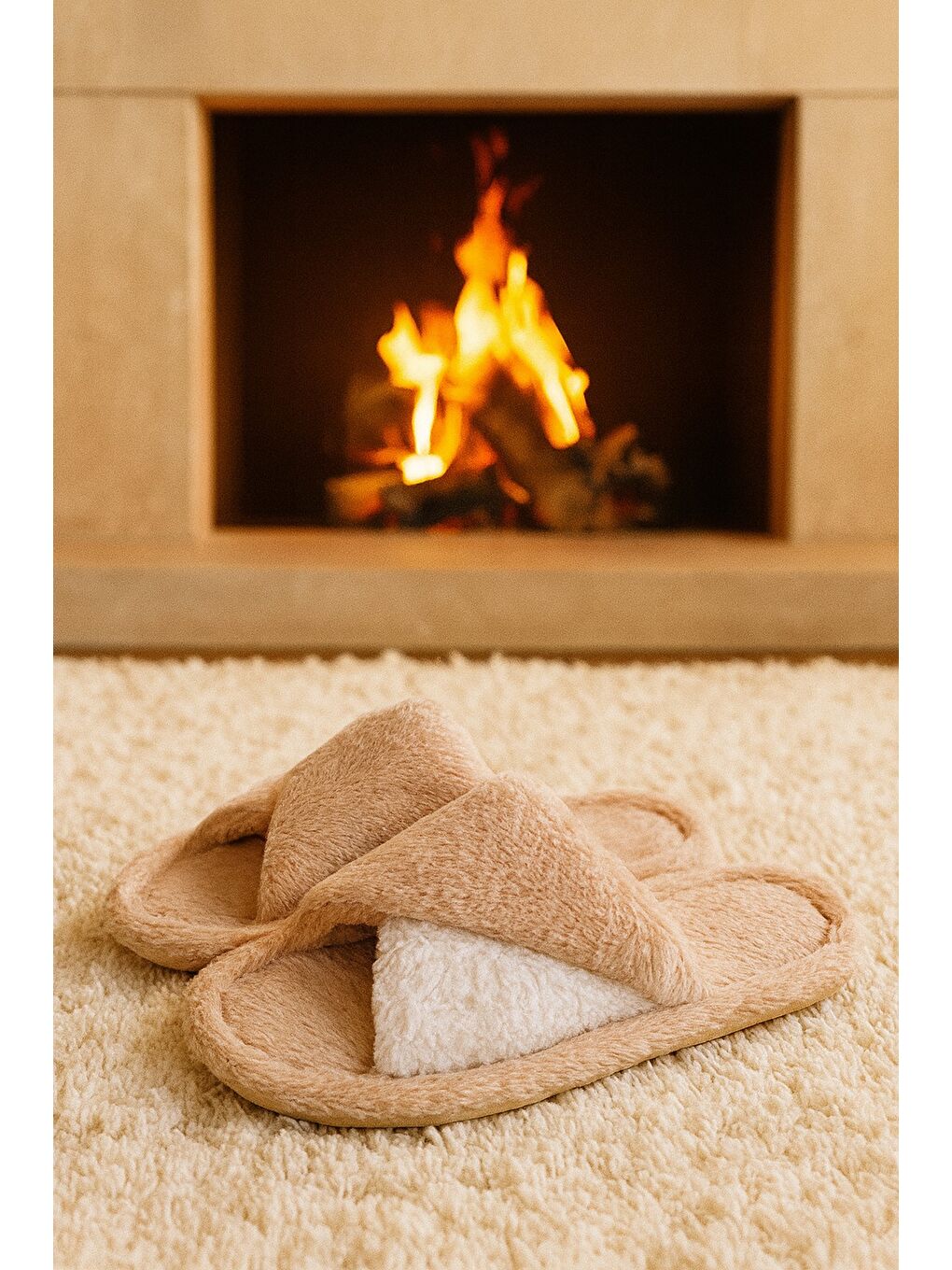 Bej SOFTIE Çapraz Kadın Ev Terliği Kışlık Terlik Sessiz Taban-4