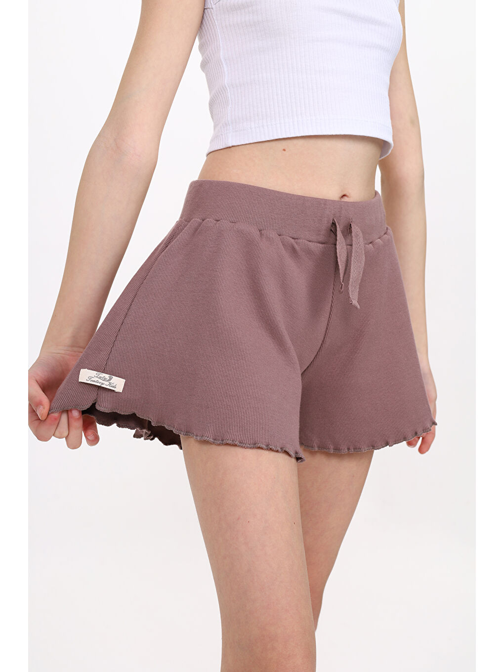 Kahverengi Kız Çocuk Fitilli Kumaş Şort-4