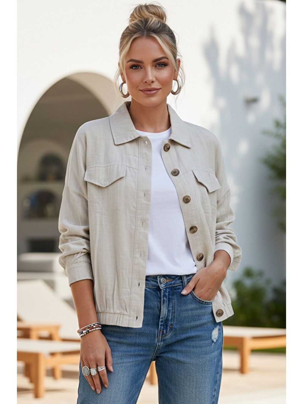 Bej Gömlek Yaka Manşetli Kollu Çift Kapaklı Cepli Casual Keten Görünümlü Dokuma Ceket 65 65-2