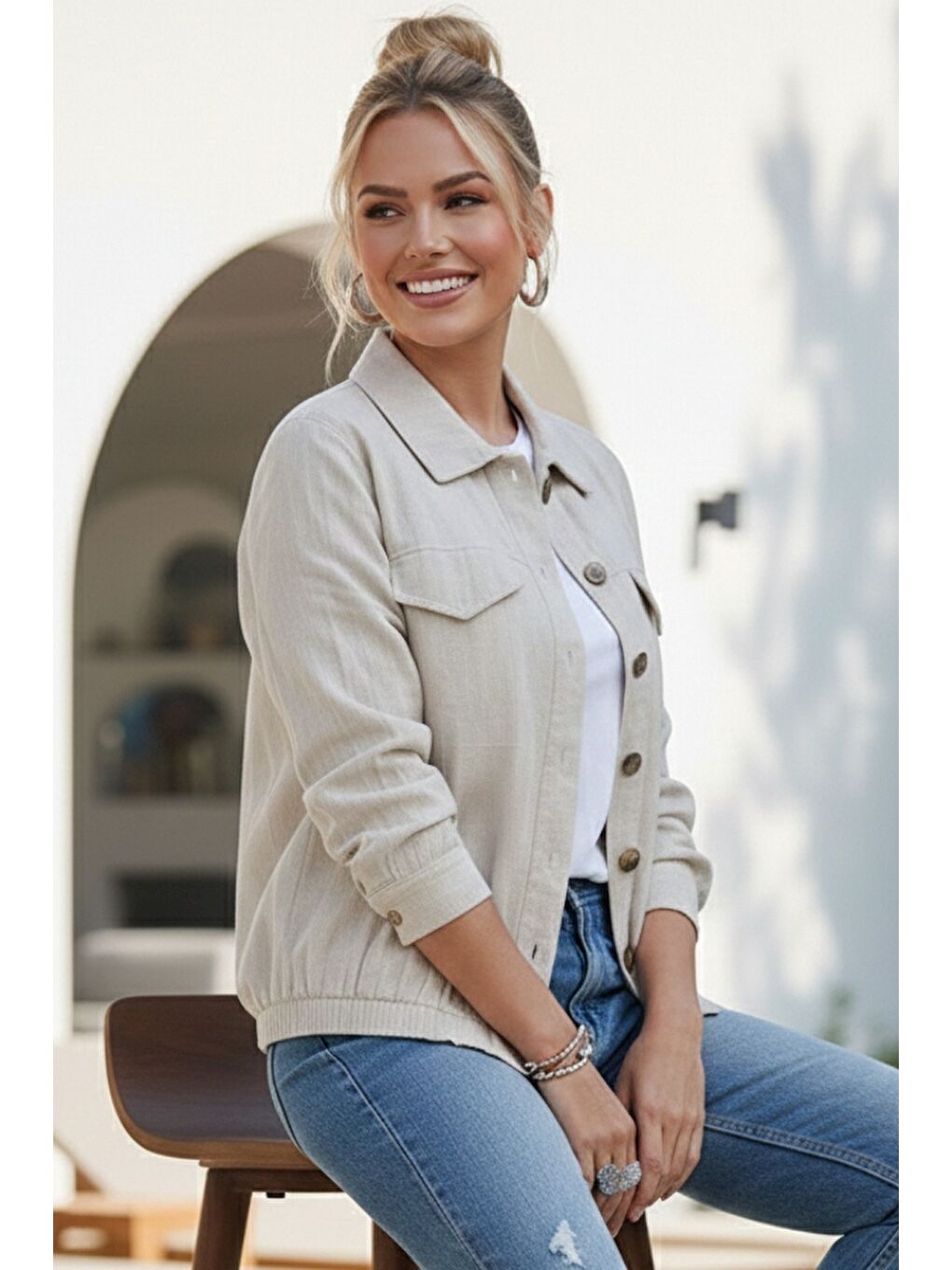 Bej Gömlek Yaka Manşetli Kollu Çift Kapaklı Cepli Casual Keten Görünümlü Dokuma Ceket 65 65-3