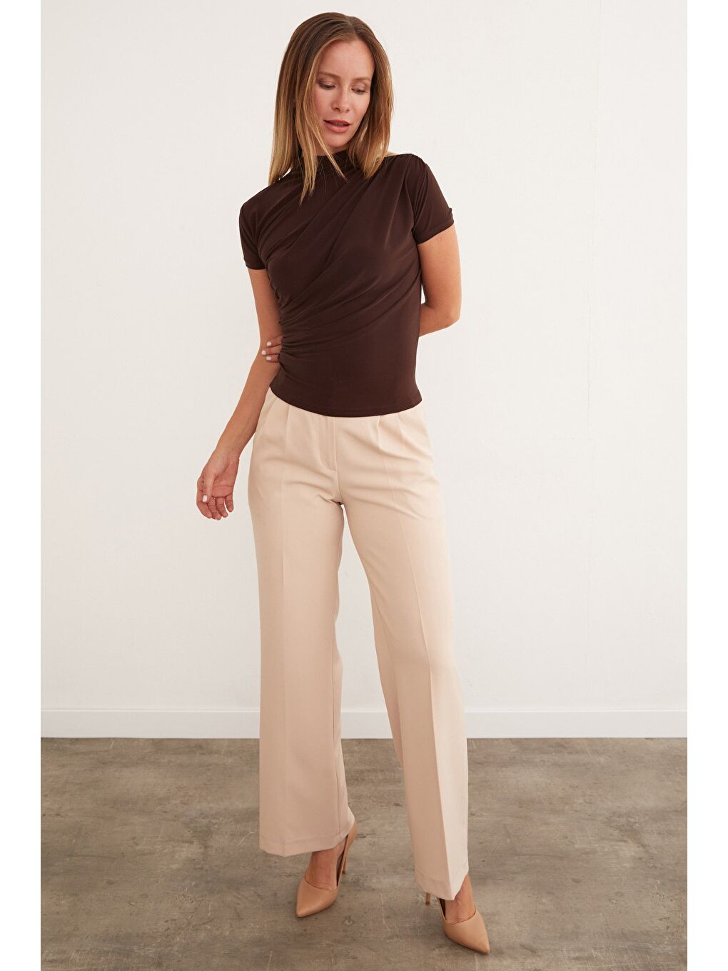 Kahverengi Drapeli Dik Yaka Bluz-1