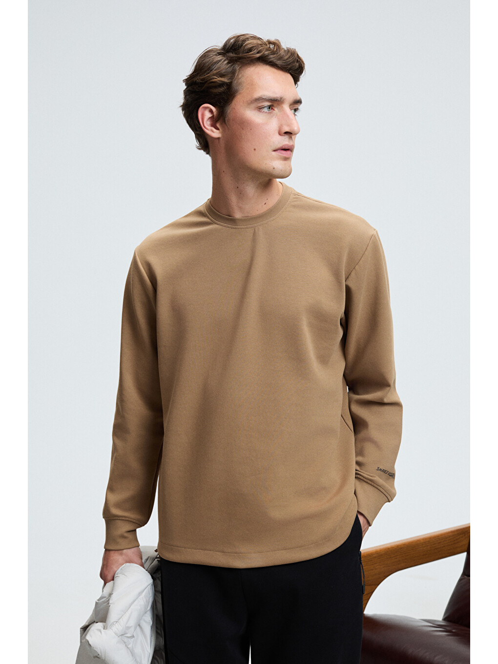 Bej Edmund Erkek Kolu Baskılı Eteği Lastik Ve Stoperli Bisiklet Yaka Vizon Sweatshirt-1