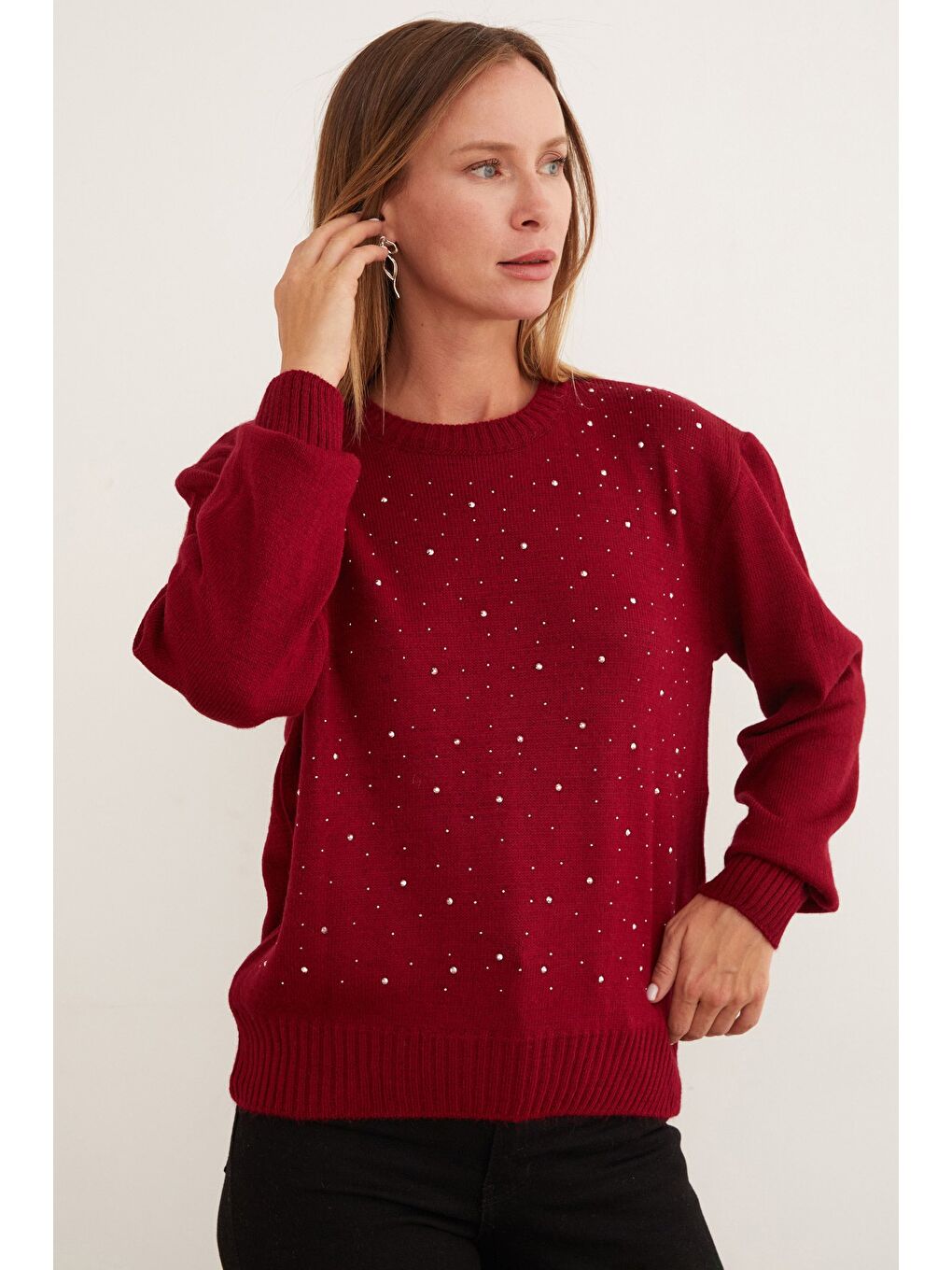 Bordo Taşlı Bisiklet Yaka Triko Kazak-1