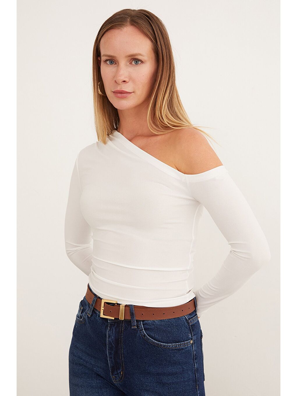 Ekru Basic Tek Omuz Bluz-2