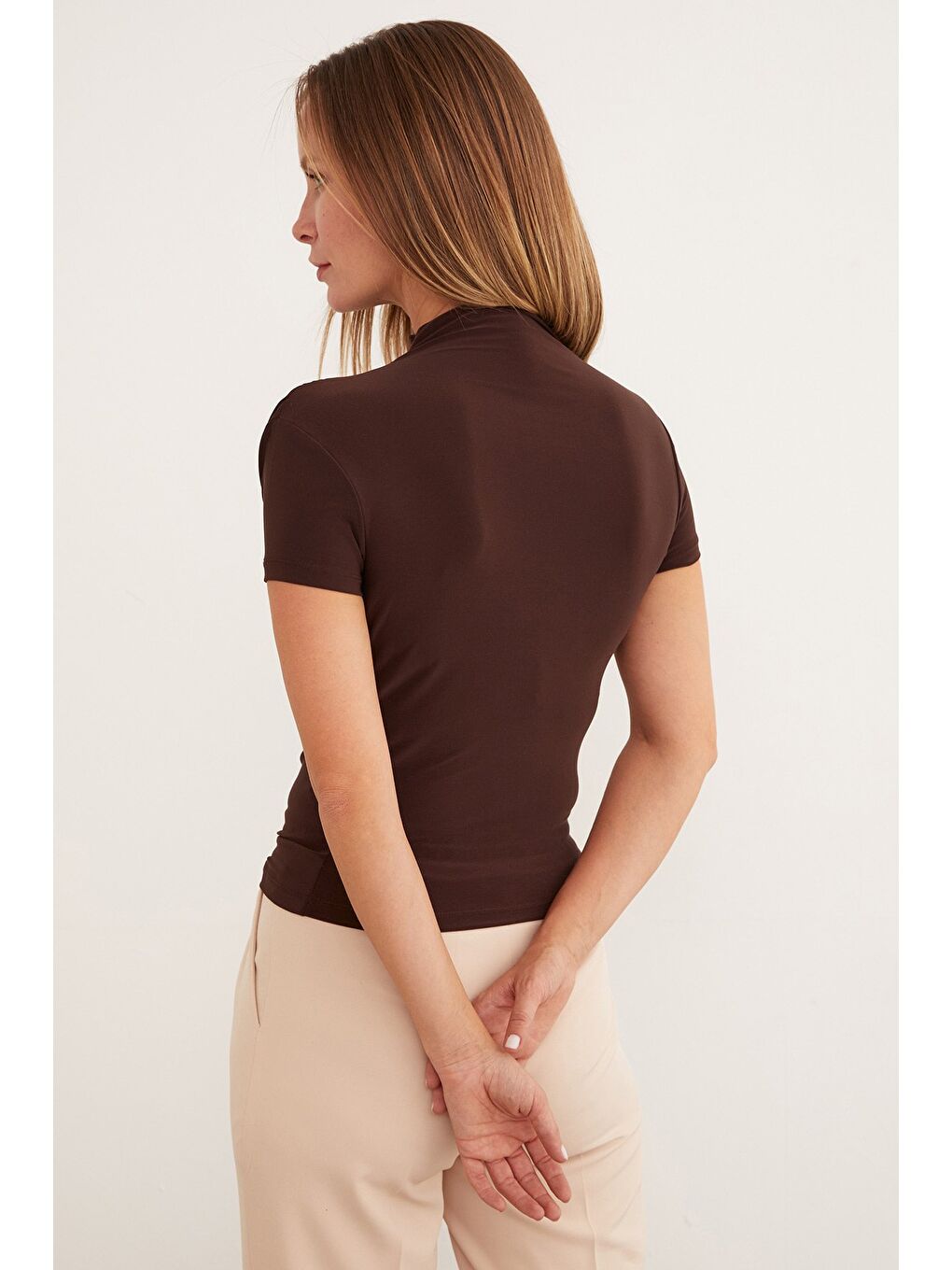 Kahverengi Drapeli Dik Yaka Bluz-3