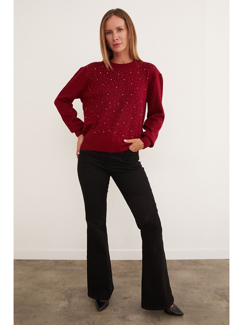 Bordo Taşlı Bisiklet Yaka Triko Kazak-2