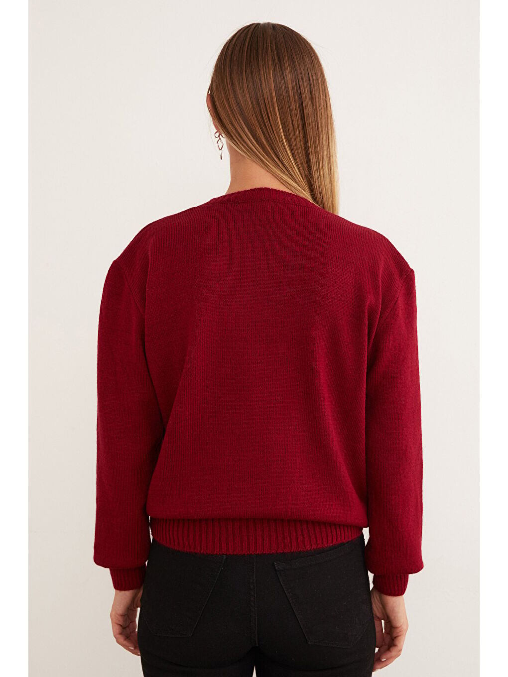 Bordo Taşlı Bisiklet Yaka Triko Kazak-3