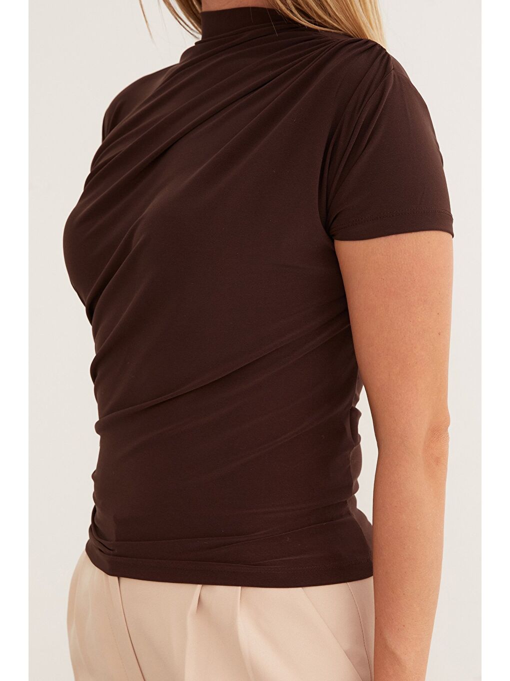 Kahverengi Drapeli Dik Yaka Bluz-4