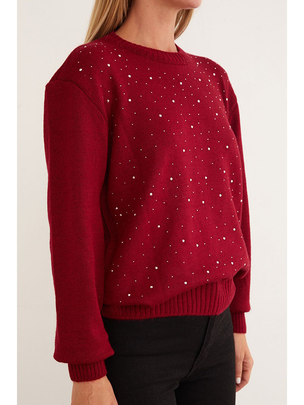 Bordo Taşlı Bisiklet Yaka Triko Kazak-4