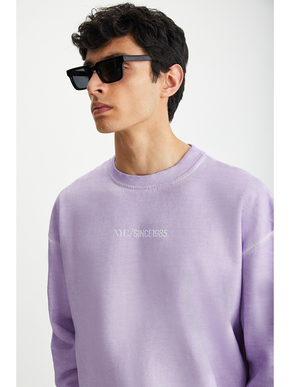 Blandon Erkek Bisiklet Yaka İçi Polarlı Baskı Detaylı Yıkamalı Lila Sweatshirt-1
