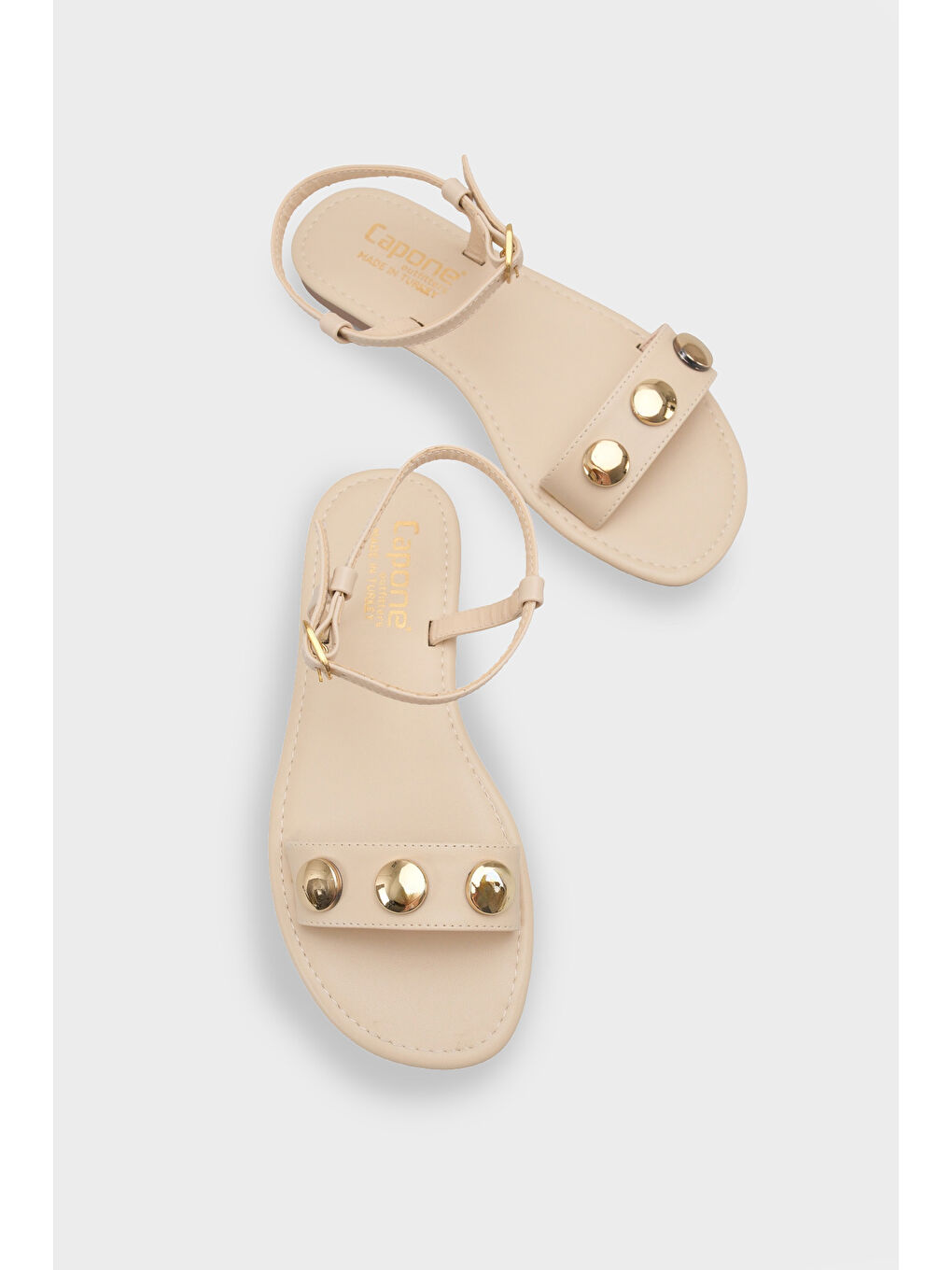 Bej Celina Tek Bantlı Metal Aksesuarlı Bilekten Bantlı Düz Topuklu Yuvarlak Burunlu Kadın Sandalet-5