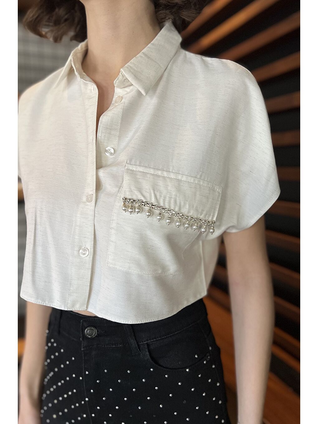 Ekru Kadın Japone Kol Tek Cepli Taş İşlemeli Keten Gömlek-3