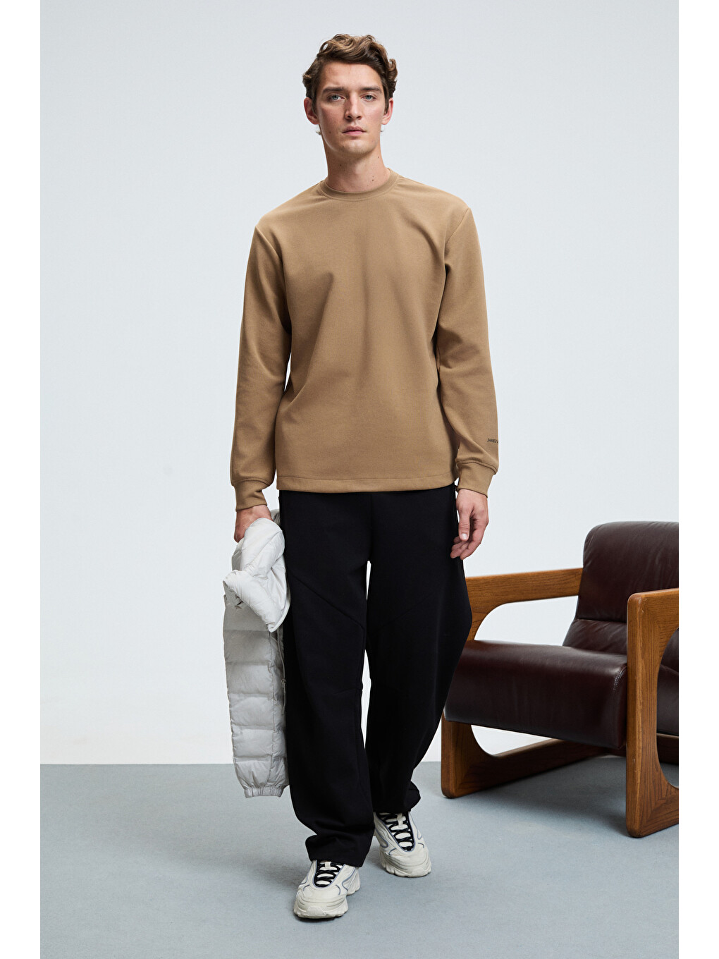 Bej Edmund Erkek Kolu Baskılı Eteği Lastik Ve Stoperli Bisiklet Yaka Vizon Sweatshirt-2