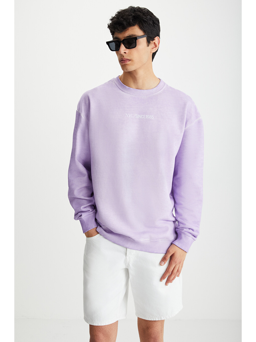 Blandon Erkek Bisiklet Yaka İçi Polarlı Baskı Detaylı Yıkamalı Lila Sweatshirt-2