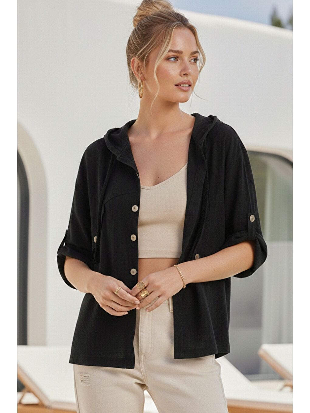 Siyah Kapüşonlu Düğmeli 3/4 Kol Cepli Casual Keten Görünümlü Dokuma Ceket 65 65