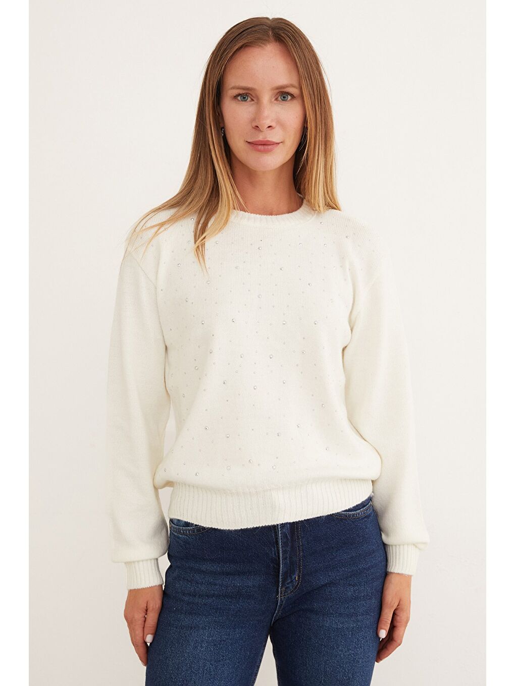 Ekru Taşlı Bisiklet Yaka Triko Kazak-1