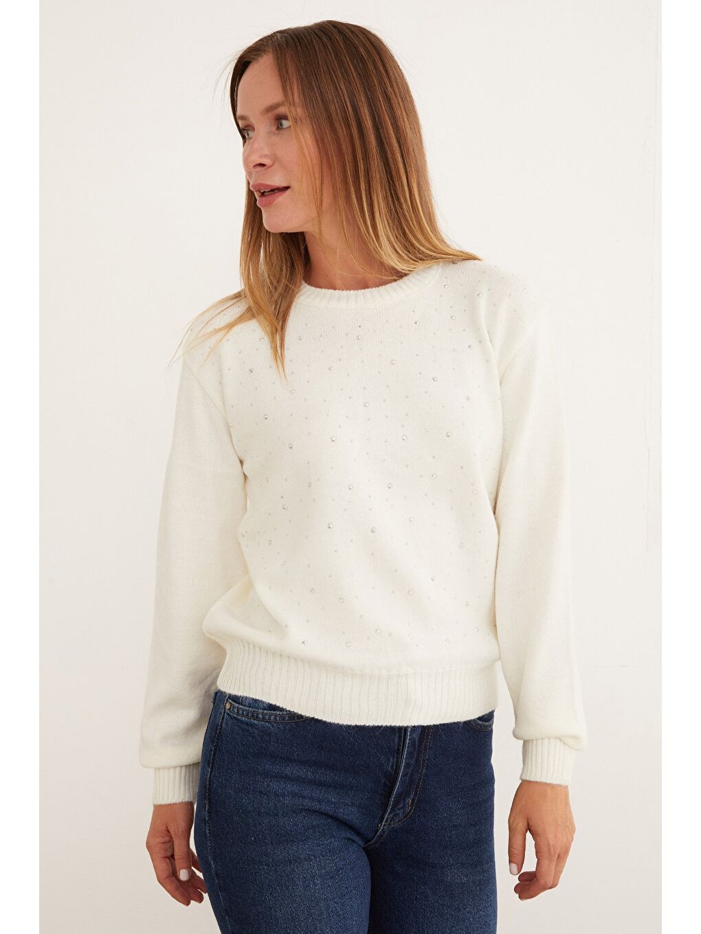 Ekru Taşlı Bisiklet Yaka Triko Kazak-2