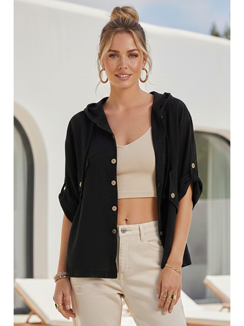 Siyah Kapüşonlu Düğmeli 3/4 Kol Cepli Casual Keten Görünümlü Dokuma Ceket 65 65-1